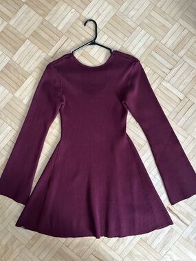 Long-Sleeve Fit-and-Flare Knit Dress in Burgundy